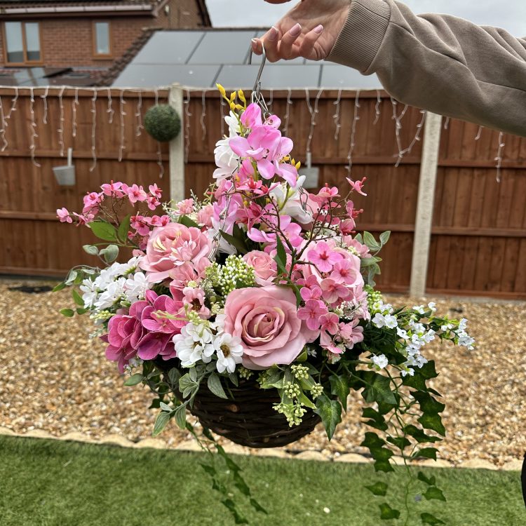 Small artificial pink hanging basket